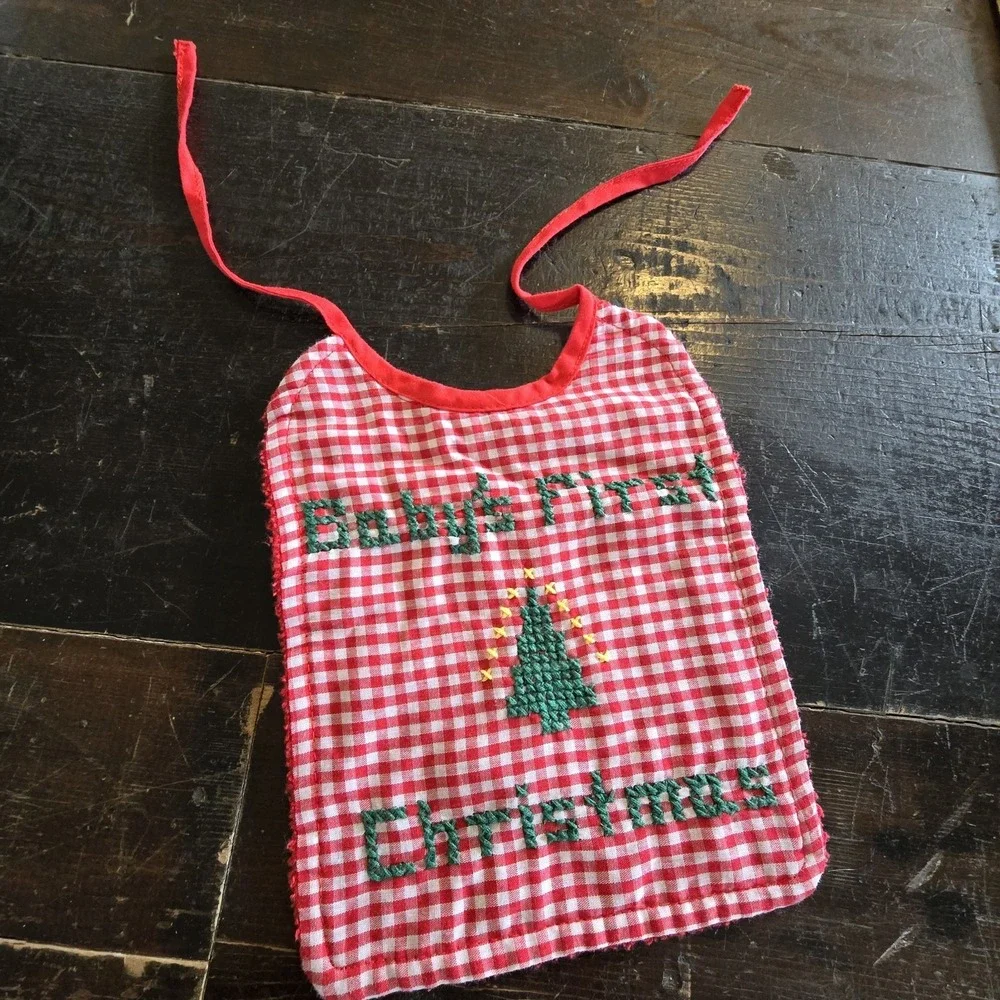 Vtg 80s Gingham Check Embroidered Cross Stitch Infant Bib Baby's First Christmas